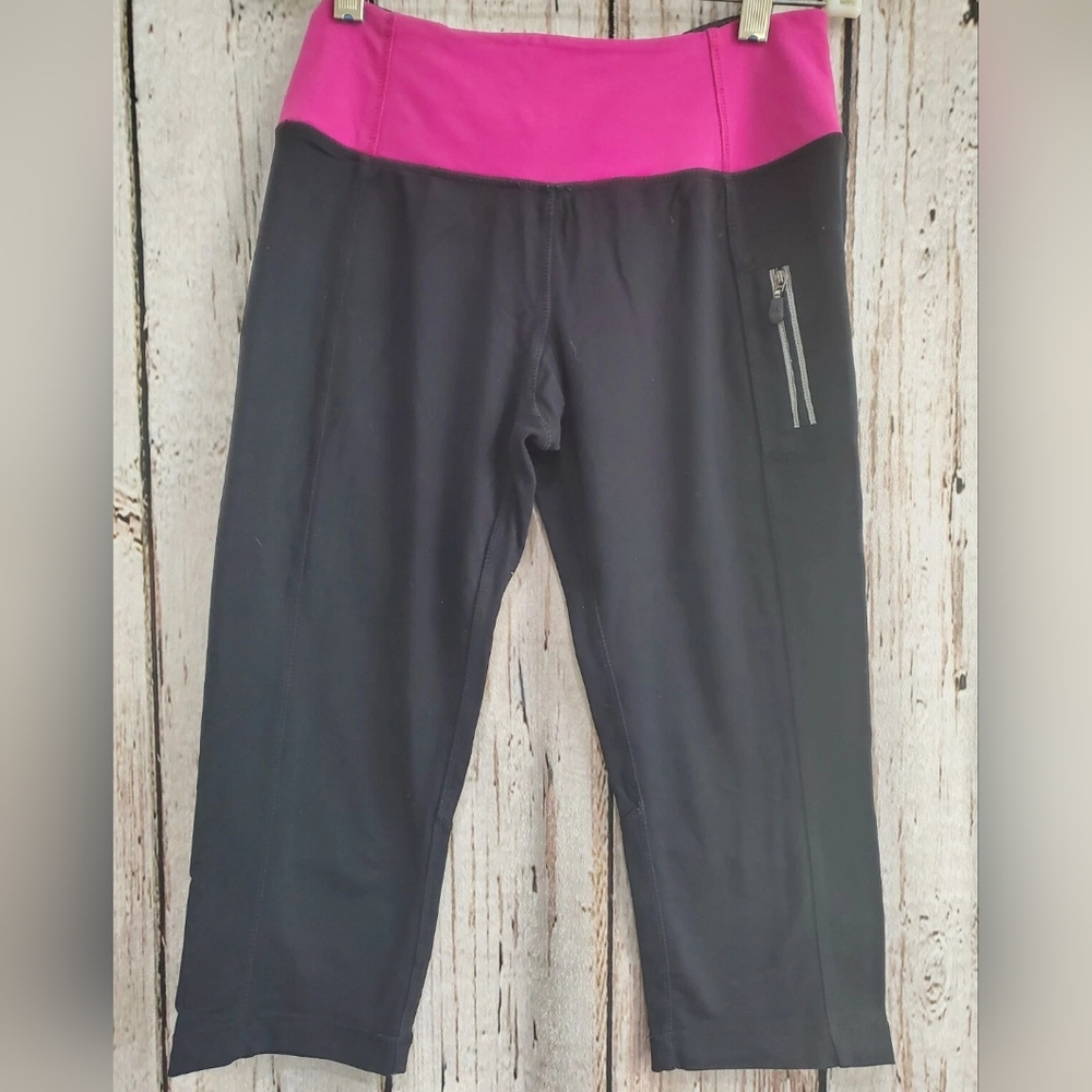 Kyodan Women's Small Pink Black 3/4 Crop Yoga Leggings High-Waist Wide-Waistband